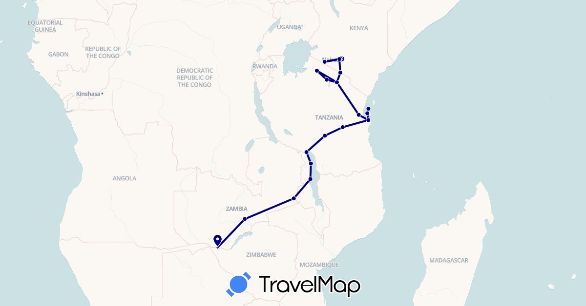 TravelMap itinerary: driving in Kenya, Malawi, Tanzania, Zambia (Africa)